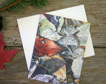 Leaves Note Card- Hidden Treasure- Blank Card- Fine Art- Red, Grey, Blue