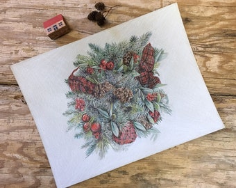 Christmas Wreath Art- 9x12- Original Drawing- Pine, Cones, Holiday Decor- Colored Pencil