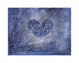 Love Constellation Watercolor- 15x22- Celestial Art- Original Painting- Blue and White