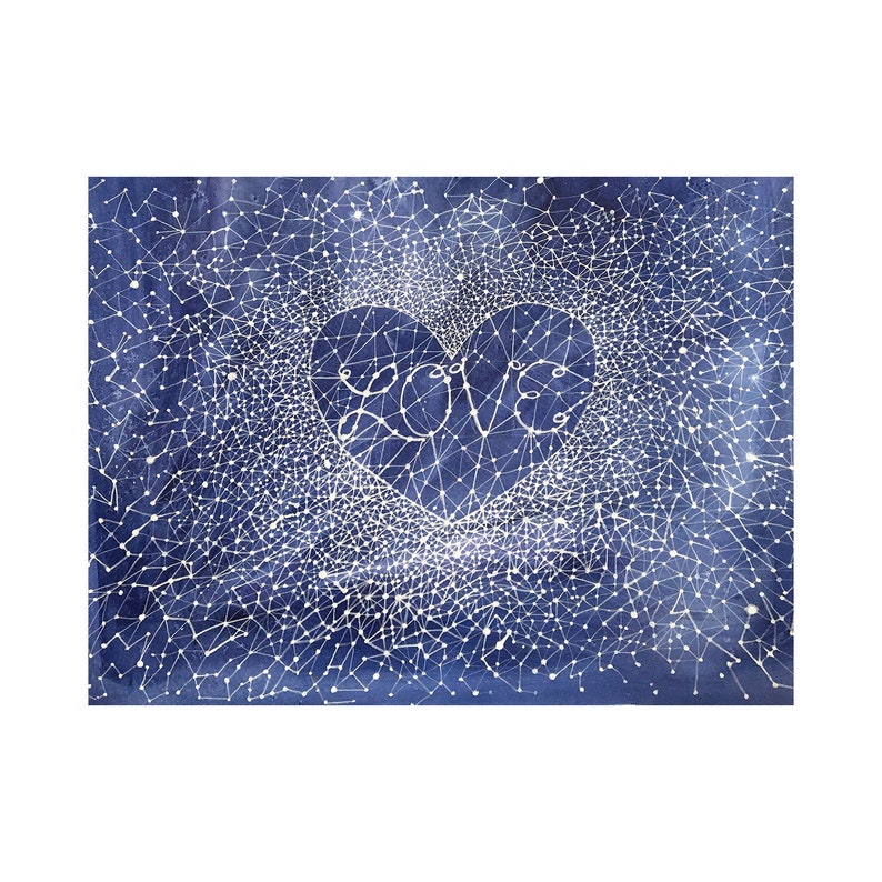 Love Constellation Watercolor 15x22 Celestial Art Original Painting Blue and White image 1