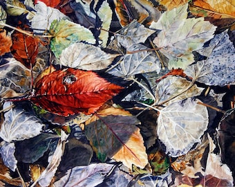 Leaves Watercolor Print- Photo Realistic- 8x10- Red, Grey, Blue- Hidden Treasure- Wall Art