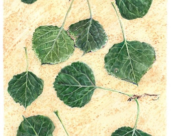 Peinture aquarelle tremble - feuilles peintes à la main - vert et beige - 7 x 10 - Art de la ferme