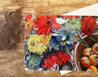 Fall Flowers Blank Note Card-  5x7- Red Gerbera, Orange Pumpkins- Yellow Mums