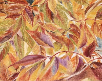 Original Leaves Drawing- 7x10- Pastel- Leaf Art- Weeping Crabapple- Red, Orange