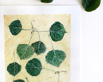 Aspen Watercolor Painting-  Hand Painted Watercolor Leaves- Green and Beige- Original Fine Art