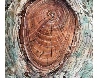 Tree Ring Watercolor Painting- 12x16- Hand Painted- Locust Tree Trunk- Brown, Turquoise Wall Art