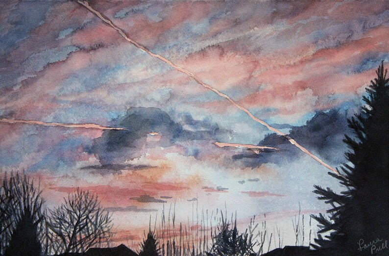 Original Sunrise Watercolor Pink Purple Clouds Realistic Etsy