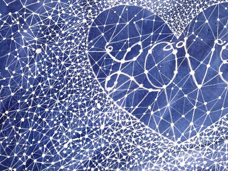 Love Constellation Watercolor 15x22 Celestial Art Original Painting Blue and White image 3