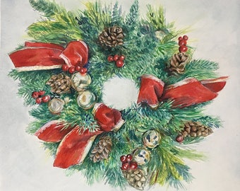 Watercolor Wreath Painting, 8x10, Original Christmas Wall Art- Green Branches- Red Bows, Pine Cones