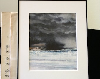 Framed Storm Painting- Original Watercolor- Moody Clouds- Ready To Hang- 10x12- Vertical- Black, White Grey- Fine Art