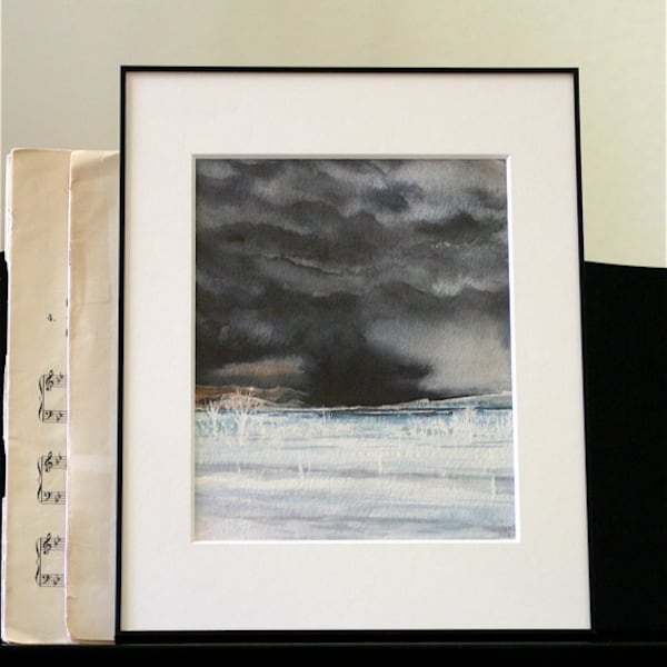 Framed Storm Painting- Original Watercolor- Moody Clouds- Ready To Hang- 10x12- Vertical- Black, White Grey- Fine Art