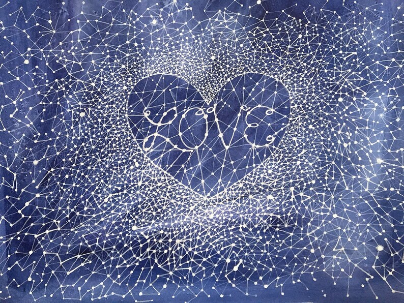 Love Constellation Watercolor 15x22 Celestial Art Original Painting Blue and White image 2