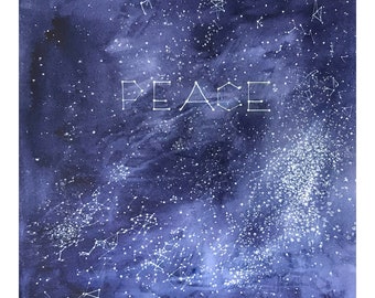 Peace Constellation Painting- Celestial Art- Original Watercolor - Blue, White- Star Charts-