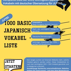 Könnte beinhalten: Gelbes Grafikdesign mit dem Text "1000 Basic Japanisch Vokabel Liste" und deutschen Übersetzungen. Enthält den Text "JLPTN5" und einen Ninja-Cartoon. Die Liste ist nach Kategorien geordnet und sofort zum Download verfügbar.