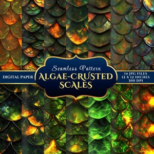 May include: Digital paper featuring a seamless pattern of algae-crusted scales in shades of green, orange, and gold. The image includes the text "Seamless Pattern Algae-Crusted Scales" and "14 JPG Files 12 x 12 inches 300 DPI".