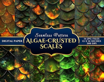 Green Dragon Scales Seamless Digital Paper: Algae-Crusted Fantasy Textures (12x12 JPGs, 300DPI)