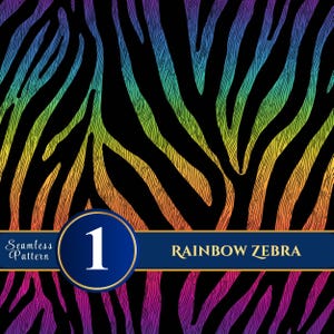 Könnte beinhalten: Nahtloses Muster mit Regenbogen-Zebramuster mit schwarzen Streifen und leuchtenden Farben. Das Design enthält einen blauen Kreis mit der Zahl 1 und ein Banner mit der Aufschrift "RAINBOW ZEBRA".