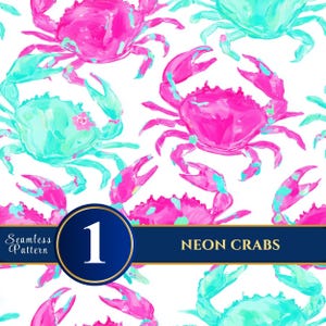 May include: Seamless pattern featuring vibrant neon crabs in shades of pink and turquoise on a white background. The design includes a navy blue banner with the text "NEON CRABS" and a circular graphic with the number "1".