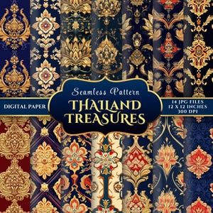 May include: A set of 14 digital paper designs featuring intricate, seamless patterns inspired by Thai art. The patterns are in shades of gold, red, blue, and white, with a dark blue background. The designs are 12 inches by 12 inches and 300 DPI.