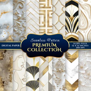 Op de afbeelding: Een verzameling van 14 digitale naadloze patronen in diverse ontwerpen, waaronder marmer, geometrische en bloemenpatronen. De patronen zijn in wit, goud en grijs. Elk patroon is 30.48 x 30.48 cm en 300 DPI. De tekst luidt "Seamless Pattern PREMIUM COLLECTION".
