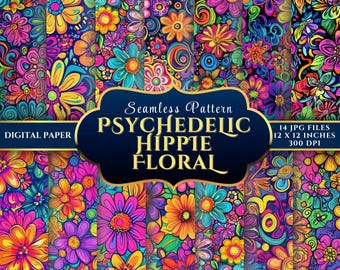 Seamless psychedelic hippie floral paper for artists and crafters digital paper download