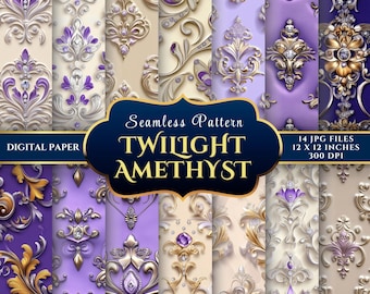 Ornate Purple Seamless Digital Paper Set for Elegant Crafts – 14 JPGs 12x12 300DPI