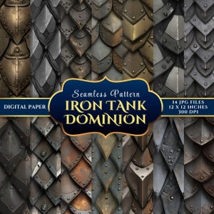 Peut inclure: Une collection de papiers numériques présentant des motifs sans couture d'écailles d'armure métalliques dans diverses nuances de gris, de bronze et d'argent. Le texte indique "Seamless Pattern IRON TANK DOMINION" et "14 JPG FILES 30.5 x 30.5 cm 300 DPI".