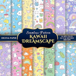 Adorables papiers numériques pastel avec nuages arc-en-ciel et gribouillages - Kawaii Dreamscape