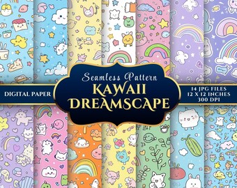 Adorable Pastel Digital Papers featuring Rainbow Clouds and Doodles - Kawaii Dreamscape