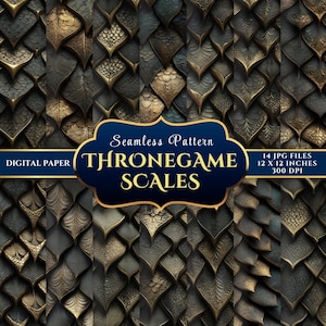Puede incluir: Papel digital con un patrón sin costuras de escamas de dragón doradas y grises. La imagen incluye el texto "THRONEGAME SCALES" y "12 x 12 pulgadas" (aproximadamente 30 x 30 cm). Perfecto para proyectos de arte digital.