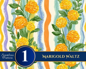 Marigold Waltz | Golden Floral Stripe Seamless Digital Paper Set for Crafts & Journals – SOLO ART 12x12 300DPI