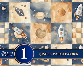 Naadloos ruimtepatchworkpatroon: raketten, planeten, astronauten (digitale download)