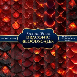 Può includere: Un set di carta digitale con un motivo senza cuciture di scaglie di drago rosse e arancioni. Il design include 14 file JPG, ciascuno di 30,48 x 30,48 cm a 300 DPI. Il testo recita "Seamless Pattern DRACONIC BLOODSCALES".