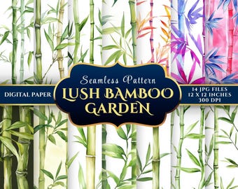 May include: A digital paper set featuring watercolor bamboo designs. The collection includes various seamless patterns with green, orange, pink, and purple bamboo stalks and leaves. The image includes the text "Lush Bamboo Garden" and "12 x 12 inches".