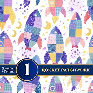 Rocket Patchwork Seamless Pattern: Whimsical Cottagecore Folk Art Design (Instant Download)