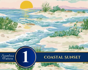 Coastal Sunset Beach Watercolor Seamless Pattern (Digital Download)