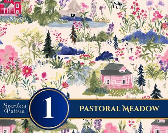 Watercolor Farmhouse Floral Pattern: Pink Cottage, Cows, Meadow (Digital Download)