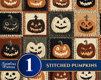 May include: A seamless pattern featuring stitched pumpkins in various colors, including orange, brown, black, and white. Each pumpkin has a carved face and is set against a patchwork background. The design includes the text "Seamless Pattern" and "Stitched Pumpkins".