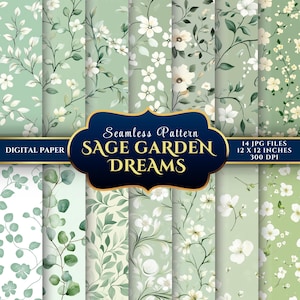 Puede incluir: Un conjunto de 14 diseños de papel digital con patrones florales de color verde salvia y blanco. Los patrones son sin costuras y se pueden utilizar para una variedad de proyectos de manualidades. El texto "Seamless Pattern Sage Garden Dreams" se muestra en un marco decorativo.