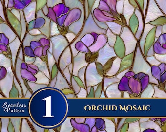 Orchid Mosaic Stained Glass Floral Seamless Digital Paper for Junk Journals & Scrapbooking 12x12 300DPI