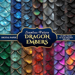May include: 14 digital paper seamless patterns featuring dragon scales in various colours, including blue, green, gold, red, purple, and black. Each pattern is 12 inches by 12 inches and 300 DPI.