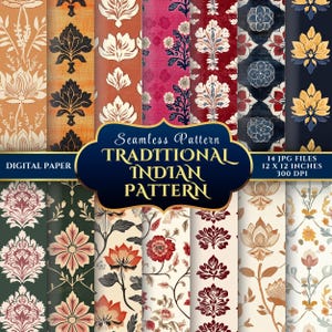 Puede incluir: Un conjunto de 14 papeles digitales con patrones tradicionales indios. Los patrones son intrincados y coloridos, con motivos florales, diseños paisley y formas geométricas. Los papeles son perfectos para crear invitaciones, tarjetas, páginas de álbum de recortes y otros proyectos de manualidades.