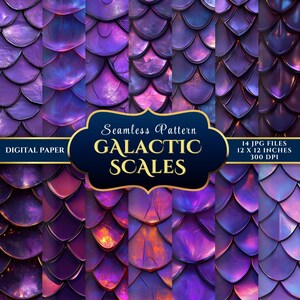 Puede incluir: Papel digital con un patrón sin costuras de escamas galácticas moradas y azules. La imagen incluye el texto "Seamless Pattern GALACTIC SCALES" y "14 JPG FILES 12 x 12 pulgadas 300 DPI".
