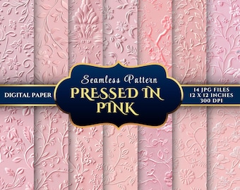 Pressed in Pink Floral Embossed Seamless Digital Paper for Scrapbooking, Printable Craft Papers