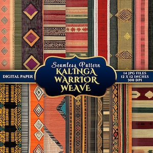 May include: A digital paper collection featuring seamless patterns inspired by Kalinga Warrior Weave. The patterns showcase a variety of colors and designs, including geometric shapes and woven textures. The image includes text that reads "14 JPG FILES 12 X 12 INCHES 300 DPI".