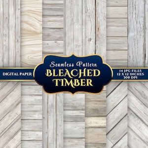 May include: Digital paper featuring a seamless pattern of bleached timber in various shades of white and beige. The image includes the text "Seamless Pattern BLEACHED TIMBER" and "14 JPG FILES 12 X 12 INCHES 300 DPI".