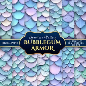 Puede incluir: Papel digital con un patrón sin costuras de escamas superpuestas de colores pastel en tonos de azul, morado y verde. El diseño incluye el texto "Bubblegum Armor" y "Digital Paper". Cada archivo mide 30.48 x 30.48 cm.