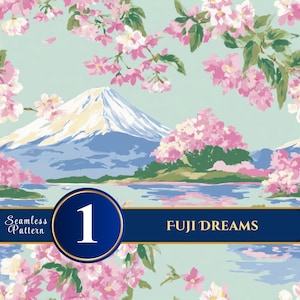 May include: Seamless pattern featuring a serene landscape with Mount Fuji, pink cherry blossoms, and a body of water. The design includes the text "FUJI DREAMS" and a number "1" in a blue circle. The background is a soft, light blue.