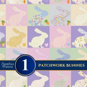 Può includere: Un motivo senza cuciture con coniglietti patchwork in tonalità pastello. Ogni coniglietto è posto su uno sfondo di colore diverso, con carote e cuori. Il design include il testo "Patchwork Bunnies" e il numero "1" in un cerchio blu.