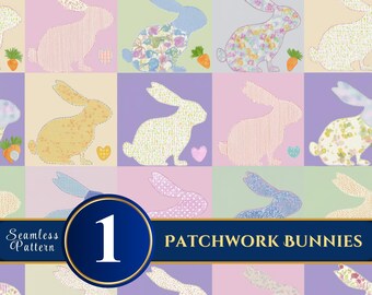 Patchwork Bunnies Seamless Digital Paper | Quilt-Inspired Rabbits, Cottagecore Crafts (12x12 300DPI)